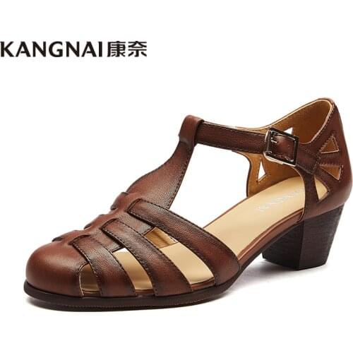 KANGNAI Gladiator Sandals Women Shoes Rome Genuine Leather T-Strap Retro Summer Ladies Shoes