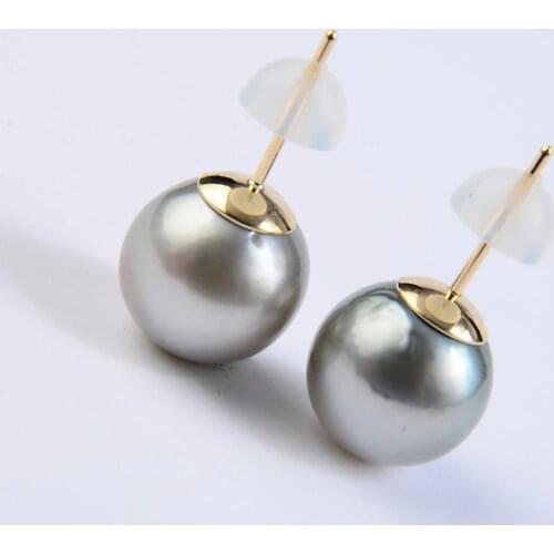 10.5-10.6MM Natural Gray Real Tahitian Pearl Stud Earrings 9K Solid Yellow Gold