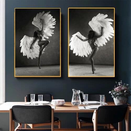 Modern posters of dancing naked angels with wings and Victorias Secret black and white decorative room murals