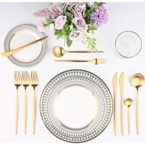 JANKNG 42pcs Cutlery Set 304 Stainless Steel Dinnerware Sets Kitchen Tableware Knife Fork Spoon Steel Gold Cutlery Table Set