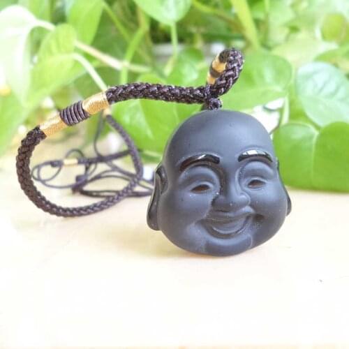 TNL223 Real Obsidian Maitreya Pendant with Adjustable Chain Necklace Smile Mile Buddha Amulet