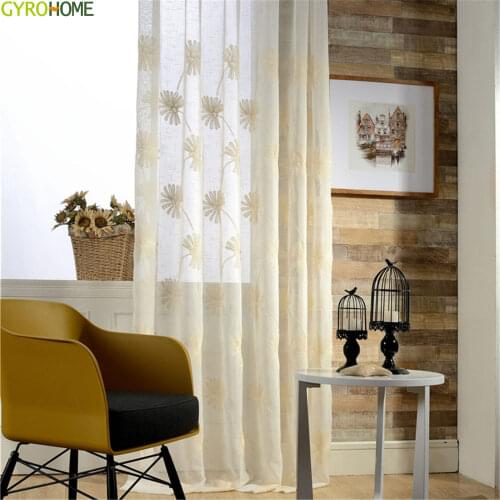 Yellow Flower Embroidered Sheer Window Tulle Curtains for Bedroom Living Room Kitchen