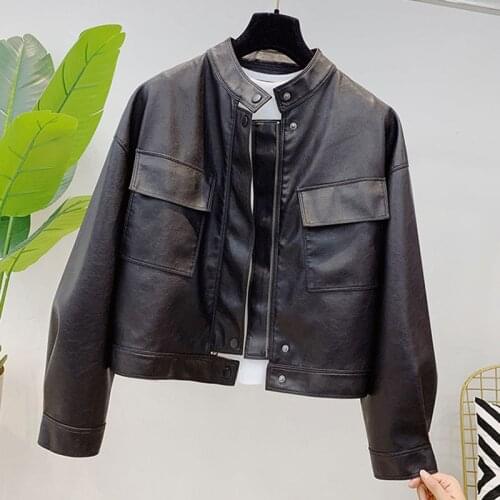 Spring 2021 Korean Short Stand collar Washed Faux Soft PU Leather jacket Women Black Biker Outwear Loose Big Pocket Casual Coat