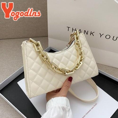 Yogodlns Luxury Shoulder Womens Bag Diamond Pattern Underarm Bag PU Leather Baguette Bag Fashion Armpit Bag Chain Lady Handbag