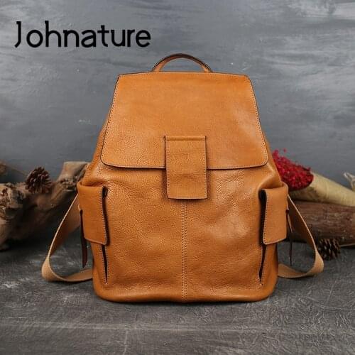 Johnature Retro 2021 New Genuine Leather Backpack Large Capacity First Layer Cowhide Women Bag Leisure Solid Color Travel Bags