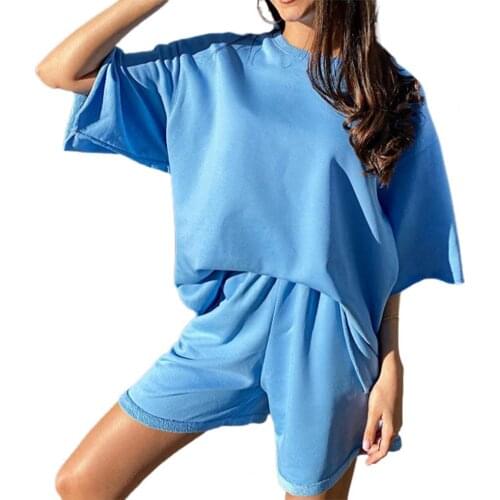 Women Casual Tracksuit Solid Color Pockets Summer Round Neck Short Sleeve T-shirt Shorts Set for Sports Two Piece Set 2021