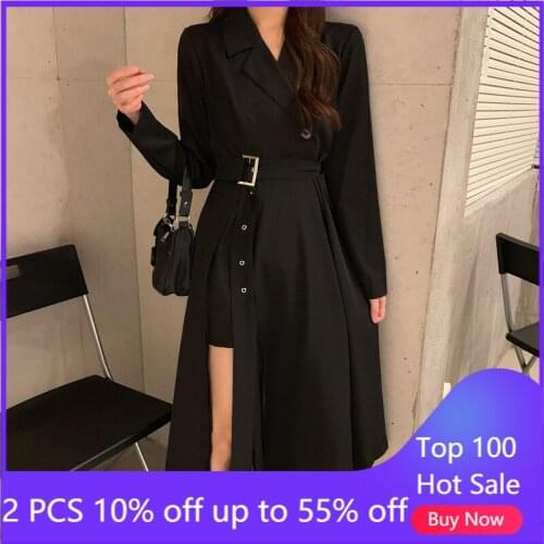 Womens Western-Style A- Lineskirt Black Dress Autumn Side Slit High Street Waist Sexy Elegant Long Dress