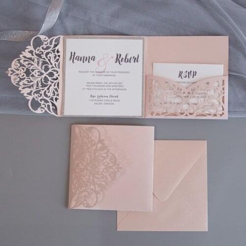 50 pieces/lot) European Laser Cut Pink Wedding Invitations Set Customize Business Engagement Invitation With RSVP Card IC122P