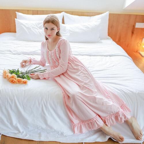 Free Shipping 2015 New Autumn Womens Long Pink Pijamas Home Cloth Nightshirt Lace Bow Sleepwear 100% Cotton Nightgown