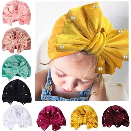 Big Bow Baby Hat Pearl Gold Velvet Bow Knot Kids Toddlers Spring Winter Hat Turban Caps Beanie Bonnet Xmas Party Photo Props