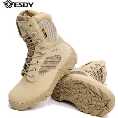 Leather Waterproof Mens Lacing Desert Military Boots Male Outdoor Climbing Training Hunting Hiking Breathable Tactical High Shoe