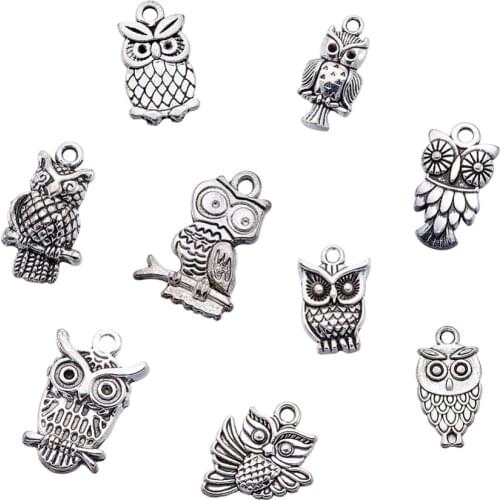 PandaHall 50pcs Alloy Owl Necklace Bracelet Halloween Tibetan Style Jewelry Making DIY Pendants 16~30x16~30x3~4mm