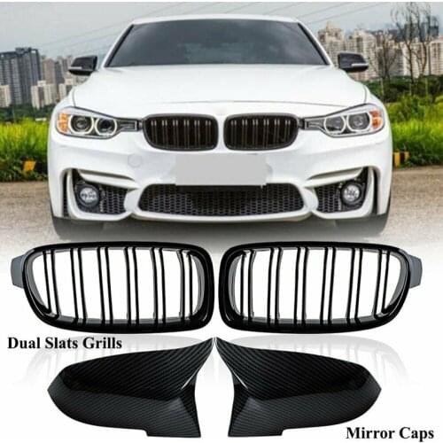 Car Kidney Grill + Carbon Fiber Mirror Caps Covers For-BMW F30 Sedan 320I 328I 2012-2018