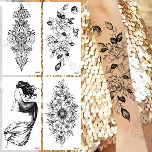 Black Zinnia Flower Temporary Tattoos For Women Realistic Mermaid Henna Butterfly Fake Tattoo Sticker Sexy Arm Body Tatoos 3D