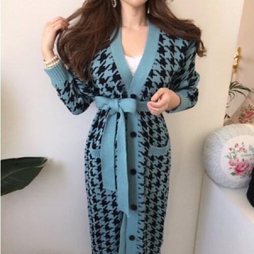 Korean Style Long Cardigan Sweater Womens 2021 Autumn New Style Retro Lazy Style Houndstooth Knitted Loose Lace Long Coat