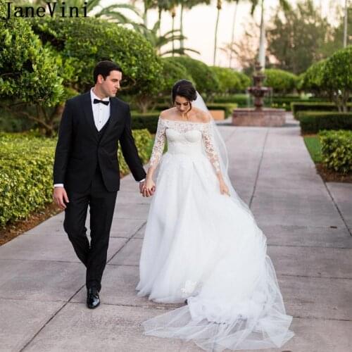 JaneVini Elegant Off Shoulder Long Sleeve Wedding Dresses Lace Applique A-Line Tulle Wedding Gowns Gothic Bridal Dress Suknia