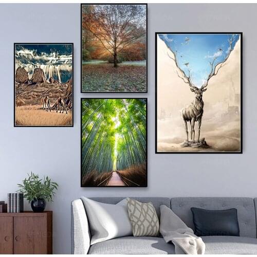 Canvas Wall Art HD Prints Deer Anime Tree Green Poster Home View Decoration Painting Gift For Bedroom Modular Pictures No Frame