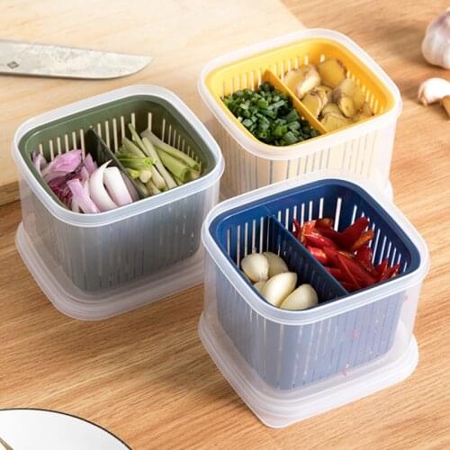 Kitchen Storage Box Double Grid Fresh-Keeping Box Refrigerator Fruit Vegetable Drain Crisper Basket Fridge Seal Food Container