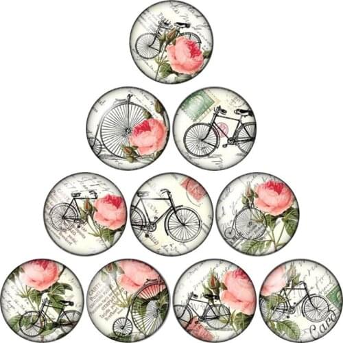 Fashion Vintage bicycle flowers 10pcs mixed 12mm/16mm/18mm/25mm Round photo glass cabochon demo flat back Making findings ZB0515