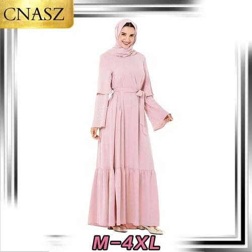 Muslim Dress Middle Eastern Fashion Dress Beaded Belt Flare Sleeve Skirt Islamic Turkey Elegant Kimono Dubai Pakistan Moroccan