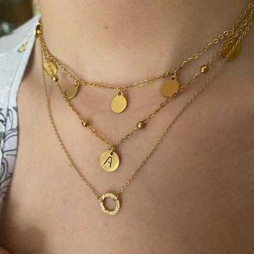 Stainless Steel A-Z Initial Letter Necklace For Women Chain Round Coin Alphabet Choker Pendant Necklace Collar Jewelry Gift