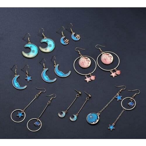 New Style Blue Star Moon universe alloy Asymmetric earrings For Women creative irregular Round Planet Drop Earrings