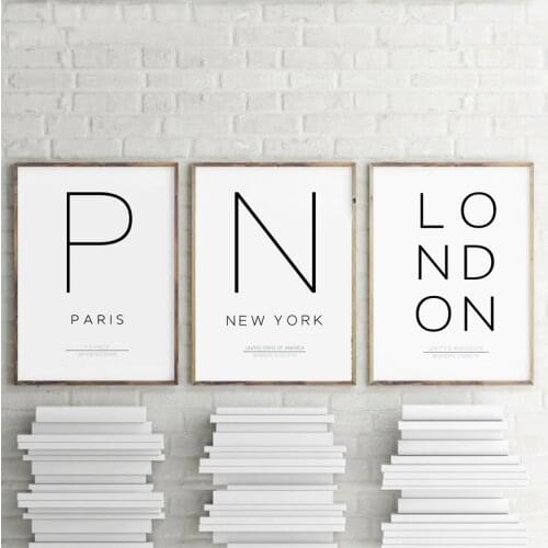 New York Paris and London City Coordinates Poster Canvas Art Print , Black and White City Print Scandinavian Poster Art Decor