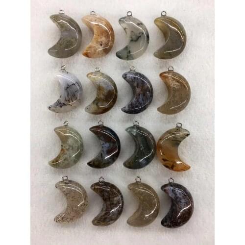 Wholesale 10pcs/Pack Natural Ocean Agat e Dendritic Agates Bead Pendant,Moon Shape Gem Stone Jewelry Necklace DIY,30x12mm