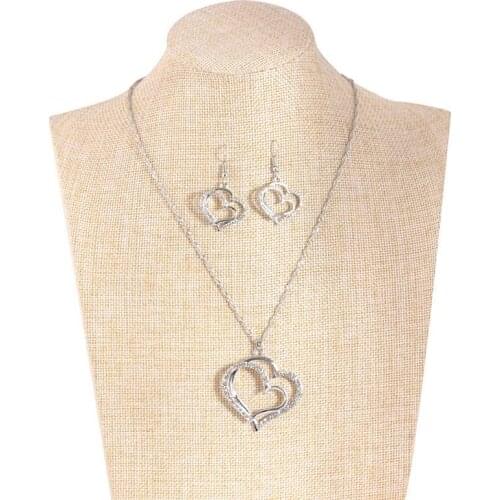 Fashion Women Double Heart Shaped Earrings Necklace Jewelry Set Wedding Dinner