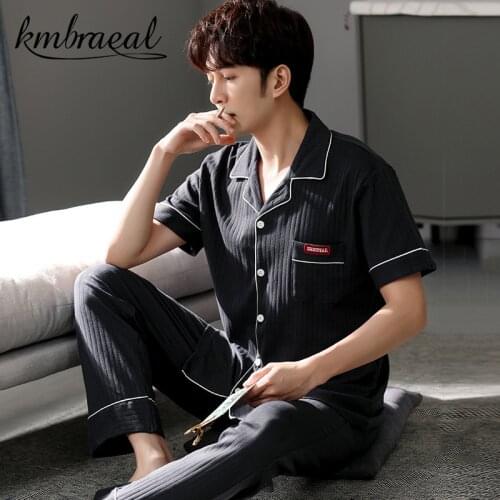 Pajamas for Men Summer Sleepwear Casual Solid Knitted Cotton Pajama Sets Short Sleeve Long Pants Homewear Pyjama Plus Size 3xl