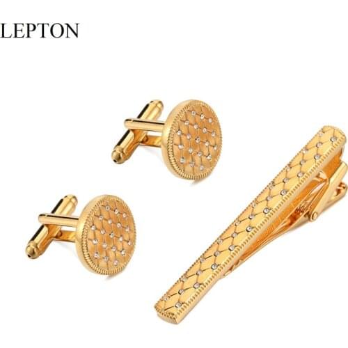 Low-Key Luxury Crystal Cufflinks for Mens Matel Gold Color Cuff links and Tie Clip Set Wedding Groom CuffLink Business Best Gift
