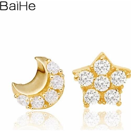 BAIHE Solid 18K Yellow Gold 0.01CT H/SI Round Natural Diamonds Wedding Trendy Fine Jewelry Star Moon Diamond Stud Earrings Women