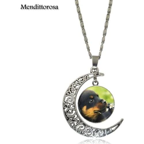 Mendittorosa Pet Dogs Labrador Bulldog Poodle Glass Cabochon Choker Moon Pendant Necklace Silver Color Jewelry