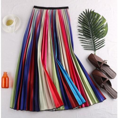 Spring Satin Gradient Colorful Striped A-line Calf Long Pleated Skirts