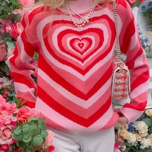 Y2K Knitted Sweater Aesthetics Heart Striped Pullovers Sweater E-girl Long Sleeve Turtleneck Harajuku Knitwear Autumn Streetwear