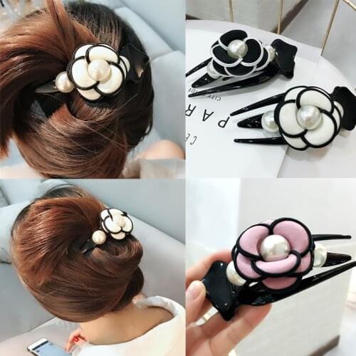 Korea Fabric Adult Large Word Duckbill Clip Simple Sweet Camellia Imitation Pearl Hair Clip for Women Fashion Hair Accessories