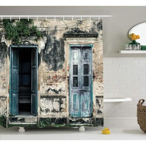 Rustic Shower Curtain Doors of An Old Rock House with French Frame Details in Countryside European Past Fabric Bathroom