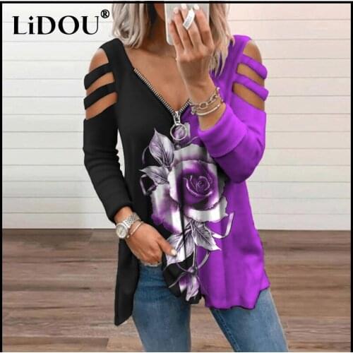 Women Floral Printed T-Shirt Women Clothing Autumn Casual Long Sleeve Tops Zipper V-Neck Shirt Tunic Ladies Loose Pullover Tops