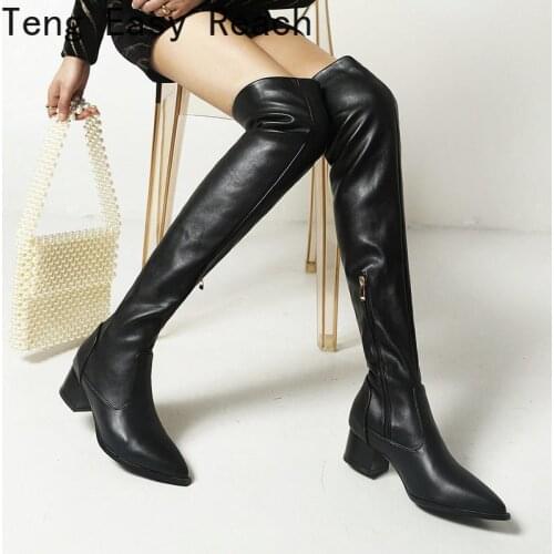 Big Size Womens Shoes 34-45 Fashion Zipper Striped Square Heel Over The Knee Boots Female Pointed Toe Autumn Winter Thigh Boots
