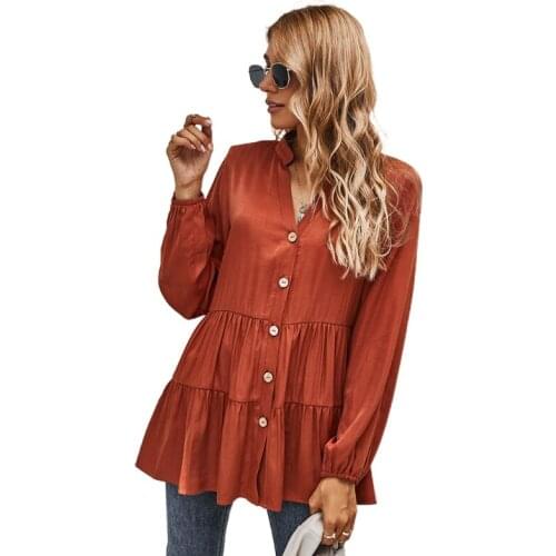 Women Puff Long Sleeve Ruffles Blouse Sexy V-Neck Button Down Loose Tunic Tops