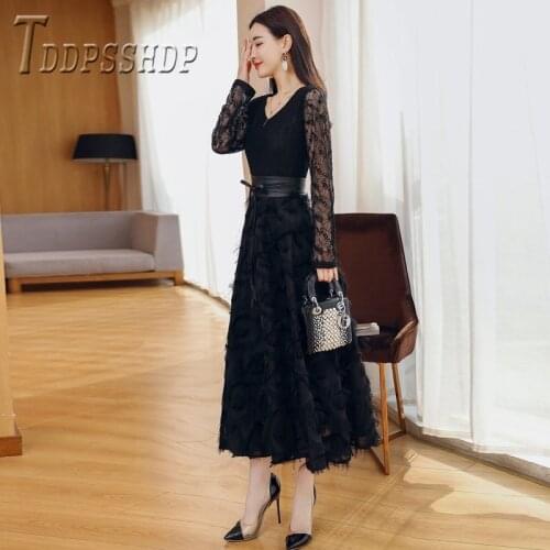2019 New Lace Feather Black Color Women Dress Transparent Sleeve V Neck Female Dresses
