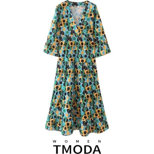 TMODA1783 Za 2021 Autumn Women V Neck Long Sleeve Vintage Dot Print Mid Dresses Female A Line High Waist Loose Holiday Dress