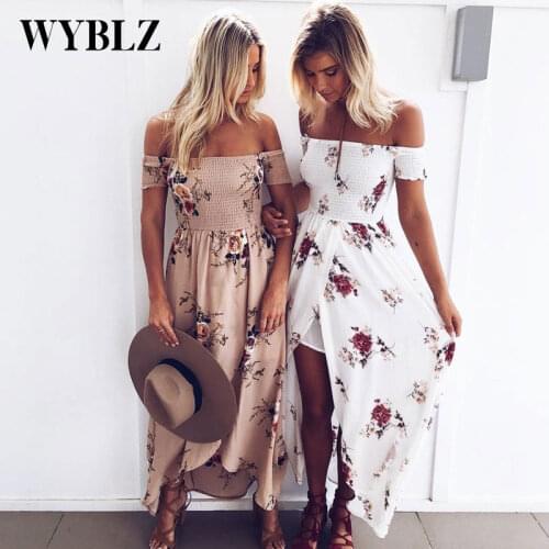 WYBLZ Sexy Off Shoulder Floral Print Boho Dress Women Beach Summer Dresses Ladies Strapless Long Maxi Dress Vestidos Female 5XL