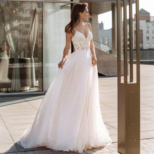 V-Neck Appliques Lace Spaghetti Straps Tulle A Line Wedding Dress 2021 Vestido De Noiva Bridal Gown