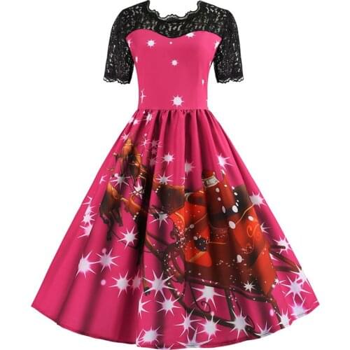 Christmas Dress Vestidos Lace Elegant Vintage Women Casual Short Sleeve Prom Office Slim Party Sundress Robe Femme 3XL