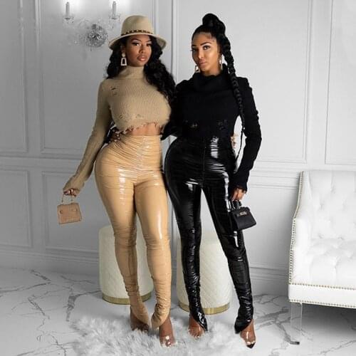 Winter Joggers PU Leather Leggings Pants Pleated High Waist Streetwear Long Trouser Solid Color Party Night Clubwear Outfit