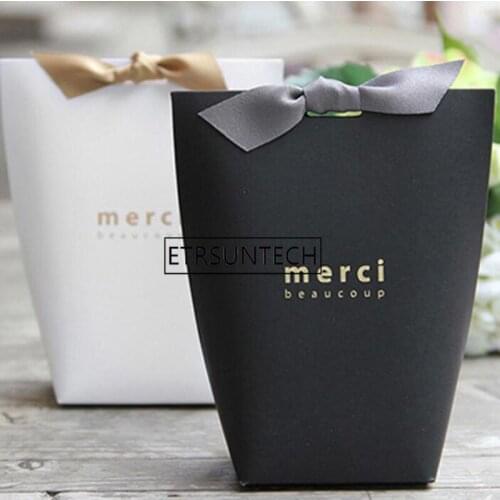 200pcs Merci Gift Box 8x5.5x16.5cm Paper Box With Ribbon Wedding Candy Box Cookies Chocolates Jewelry Packaging Bags