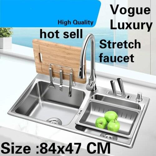 Free shipping Apartment luxury stretch faucet wash vegetables big kitchen manual sink double groove 304 stainless steel 84x47 CM