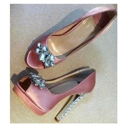 Hot selling crystal embellished wedding heels sexy peep toe platform pumps woman high heel shoes