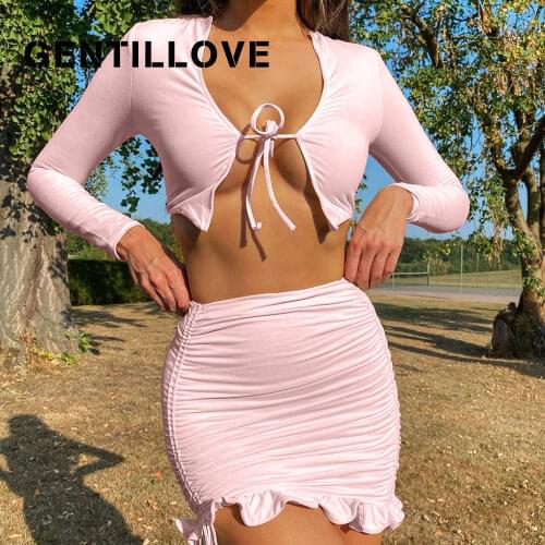 Gentillove Women Elegant Solid Skirt Two Pieces Sets Casual Long Sleeve Cropped Tops and Ruffles Pleated Mini Skirt Club Suits